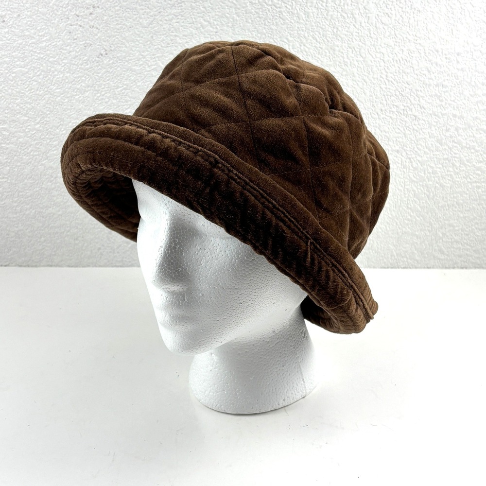 Quilted Velvet Bucket Hat Womens OS Brown Cotton Retro Cottagecore Cozy Retro